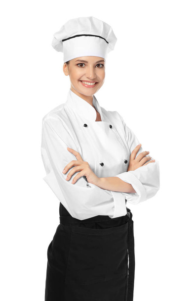 Young female chef on white background - Photo, image