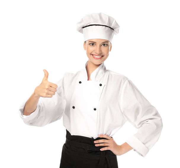 Young female chef on white background - Фото, зображення