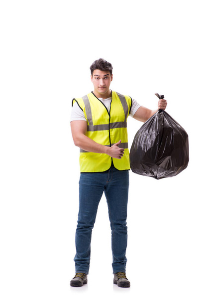 Чоловік зі сміттєвим мішком ізольований на білому
 - Фото, зображення