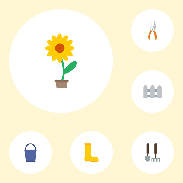 Lapos ikonok virágcserép, Pruner, eszközök és egyéb vektoros elemek. Mezőgazdasági lapos ikonok szimbólumok is tartalmaz kerítés, virág, fedezeti objektumok. - Vektor, kép