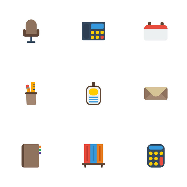 Lapos ikonok kiszámításához, dátum, könyvesbolt és egyéb vektoros elemek. Office lapos ikonok szimbólumok is tartalmaz könyvespolc, levél, szék objektumok. - Vektor, kép