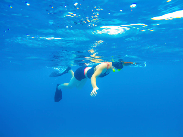 Femmina apneista nuotare nell'oceano
 - Foto, immagini