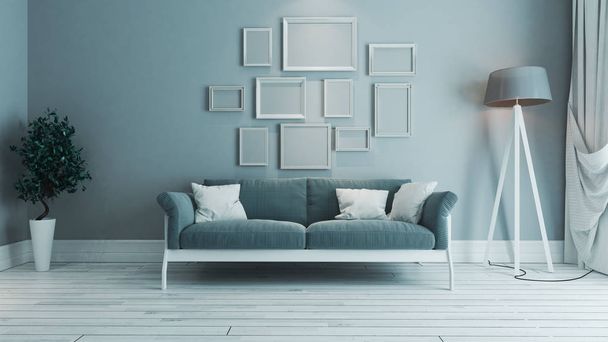 blue color living room with photo frame interior design idea - Photo, Image