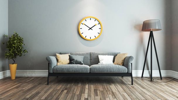 living room interior design idea with big yellow watch - Photo, Image