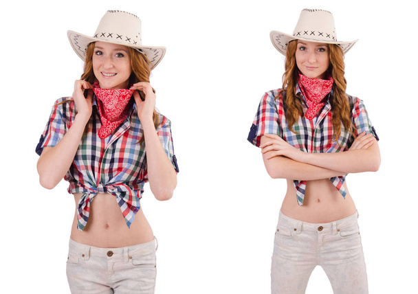 Redhead cowgirl isolated on white - Photo, Image