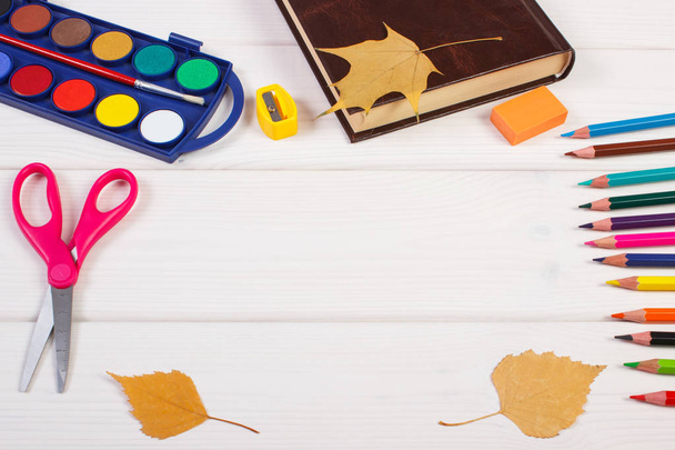 Frame of accessories for learning and teaching, book and autumnal leaves on boards, back to school concept - Фото, изображение