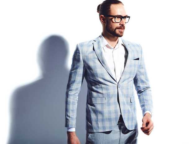 portrait of handsome fashion stylish hipster businessman model dressed in elegant light blue suit  isolated on white - Φωτογραφία, εικόνα