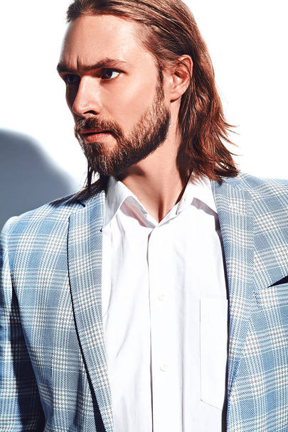 portrait of handsome fashion stylish hipster businessman model dressed in elegant light blue suit  isolated on white - Zdjęcie, obraz