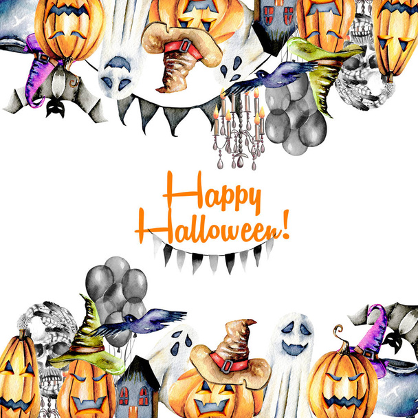 Card template, frame from watercolor Halloween objects (pumpkins in old hats, spooks, skull, pot and other) - Photo, Image