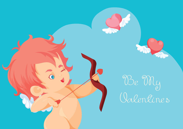 Cupidon jouer avec l'arc et la flèche est la chasse coeur volant
  - Vecteur, image