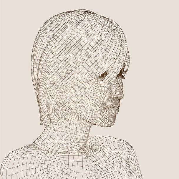 Konzept konzeptueller 3D-Drahtrahmen menschlicher Frauenkopf isoliert auf beigem Hintergrund als Metapher für Technologie, Cyborg, Digital, Virtual, Avatar, Science, Fiction, Zukunft, Mesh, Vintage Abstract - Foto, Bild