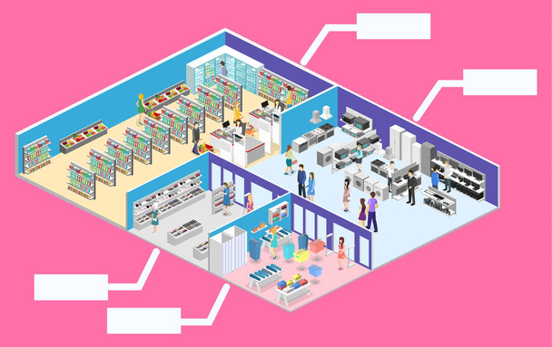 isometric interior of shopping mall - Vector, Image