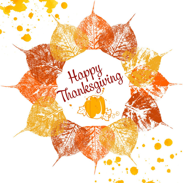 Thanksgiving card with leaves and watercolor splashes - Photo, Image