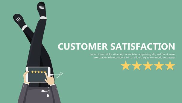 Rating on customer service illustration. Man sitting on the floor and holding tablet in his lap. Website rating feedback and review concept. Flat vector illustration - Vector, Image