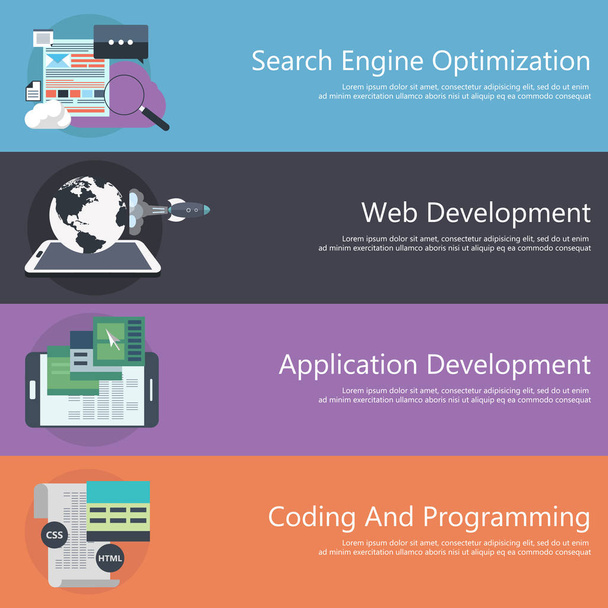 Optimisation des moteurs de recherche et concept de développement, programmation web. Illustration vectorielle plate
 - Vecteur, image