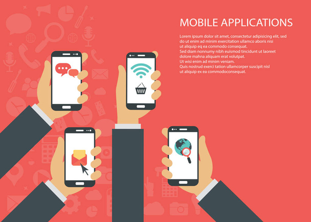 Mobile applications concept. Hands with phones. Flat vector illustration. - Vektori, kuva
