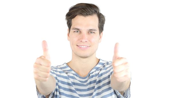 Closeup portret van gelukkig Man duimen omhoog met beide handen - Foto, afbeelding