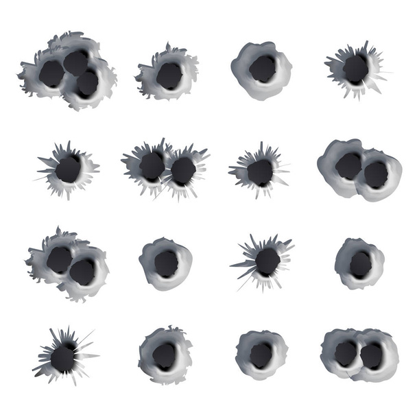 Buracos de bala de metal conjunto vetor. Buracos de armas de calibre realista perfurados através de metal isolado. Buracos de balas rachadas com tiros. Ilustração do dano do efeito
 - Vetor, Imagem