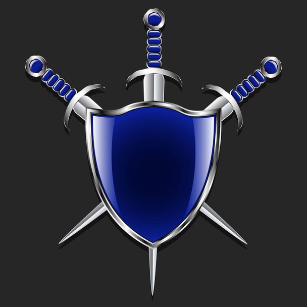 Pajzs, kard. Fém pajzs és három kard. A kék doboz és a vágási fogópontokat. Szürke háttér. - Vektor, kép