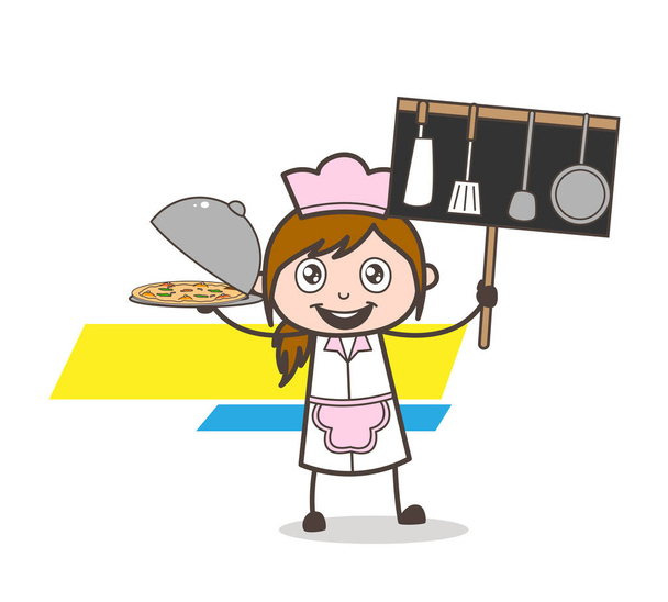 Мультфильм Радостная официантка показывает вектор еды и посуды
 - Вектор,изображение