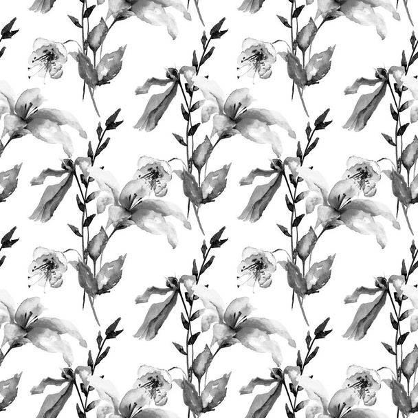 Seamless wallpaper with Lily, Poppy flowers and green leaves - Zdjęcie, obraz