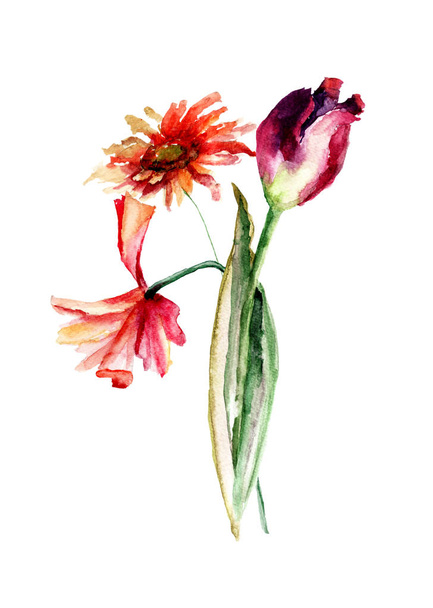 Original floral background with Poppy and Tulip and Gerber flowers - Zdjęcie, obraz