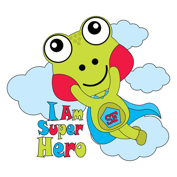 Sevimli kurbağa vektör karikatür çizim süper kahraman çocuk t-shirt grafik tasarım için uygun olarak - Vektör, Görsel