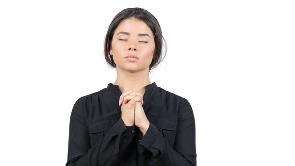 Beautiful young teen girl prays. Close up portrait female Praying - Foto, Imagem