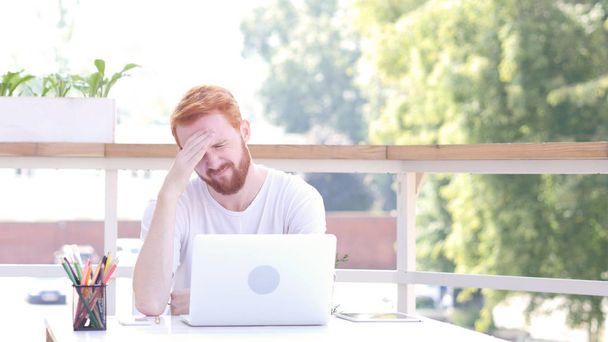 Tense, Stressed, Frustrated Man Sitting in Outdoor Office, Red Hairs - Photo, Image