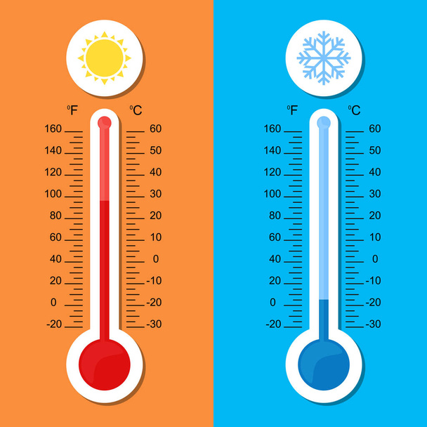 Hőmérő ikon. Vektor. Celsius és Fahrenheit. a meleg és hideg hőmérséklet mérése - Vektor, kép