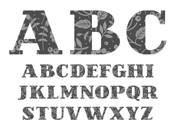 English alphabet, berries and herbs, dark gray, vector.  - Вектор,изображение