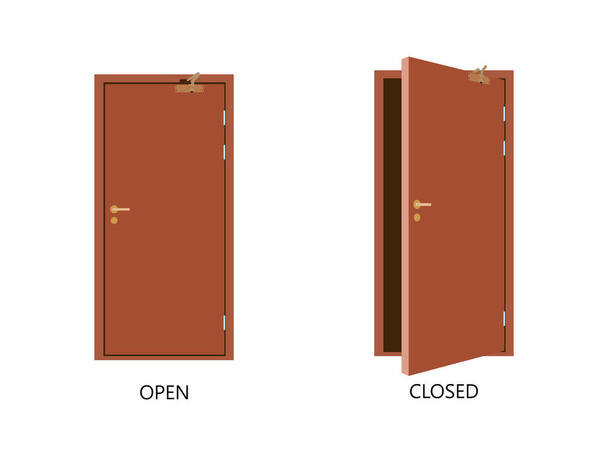 Open and closed door house front. Wooden open entry with shining light. Vector - Vector, Image