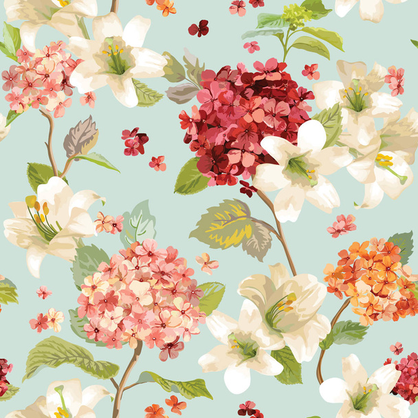 Hortensia and Lily Flowers Seamless Background - Vector, imagen