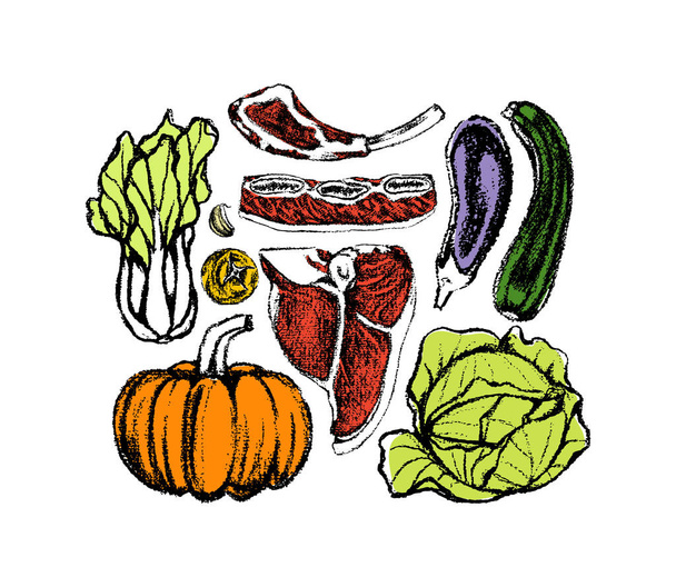 handgezogenes Gemüse und Fleisch - Vektor, Bild