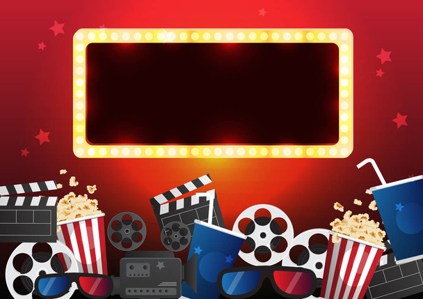 Disegno poster cinema cinematografico. Bandiera modello vettoriale per spettacolo con posti a sedere, popcorn, biglietti
 - Vettoriali, immagini