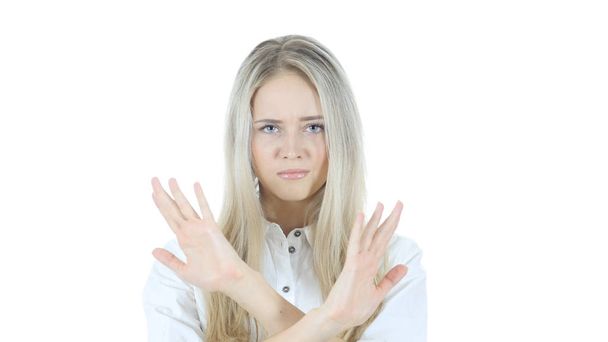 Зупинити, відкидаючи жесту, ні, жінка, білим тлом - Фото, зображення