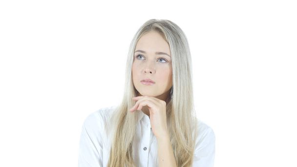 Thinking, Portrait of Pensive Woman, Planning, White Background - Photo, Image