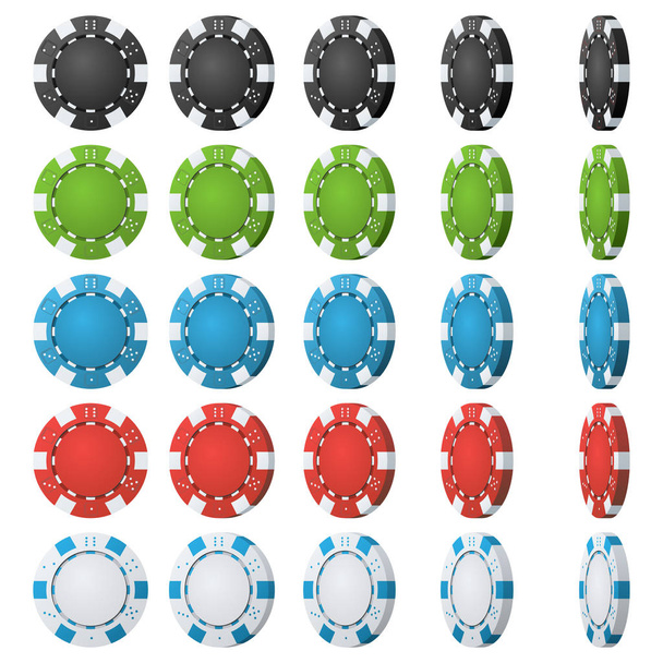 Pokerchips Vektor. Verschiedene Blickwinkel wechseln. setzen klassischen farbigen Pokerchips Symbol isoliert auf weiß. Abbildung weißer, roter, schwarzer, blauer, grüner Casino Chips. - Vektor, Bild
