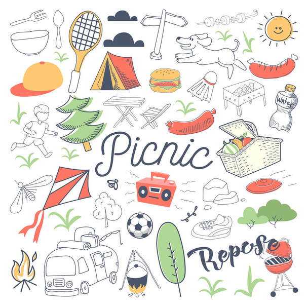 Picknick und Grill handgezeichnet Doodle. Camping-Outdoor-Urlaub freihändig eingestellt. Vektorillustration - Vektor, Bild