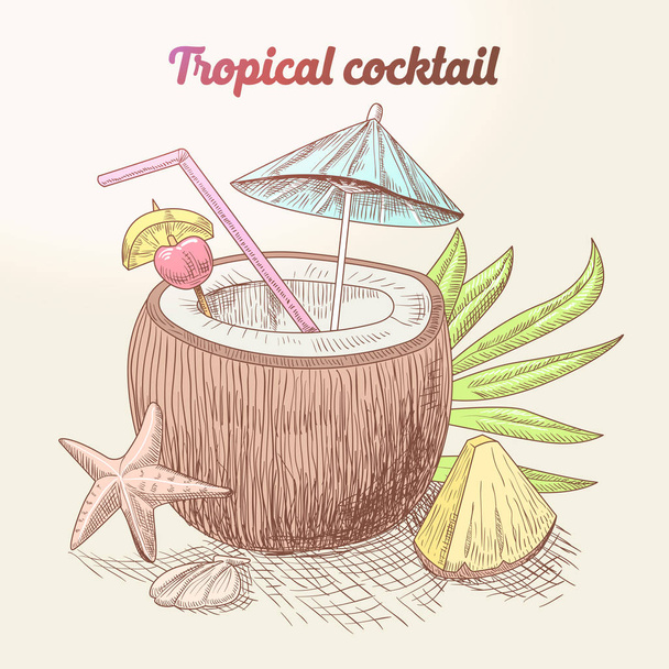Yaz aylarında Vintage tropikal kokteyl ile Hindistan cevizi, meyve ve palmiye yaprağı. Beach Tatil. Vektör çizim - Vektör, Görsel