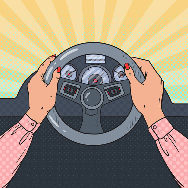 Pop Art žena rukou na kola automobilu. Bezpečné jízdy. Vektorové ilustrace - Vektor, obrázek