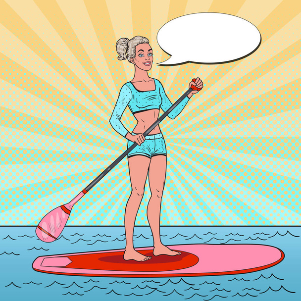Pop Art όμορφη γυναίκα για το Stand Up Paddle σκάφους. Κορίτσι στο μπανιερό για Sup - Διάνυσμα, εικόνα