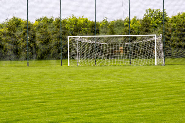 Yeşil çimlerin üzerinde bir futbol golü - Fotoğraf, Görsel
