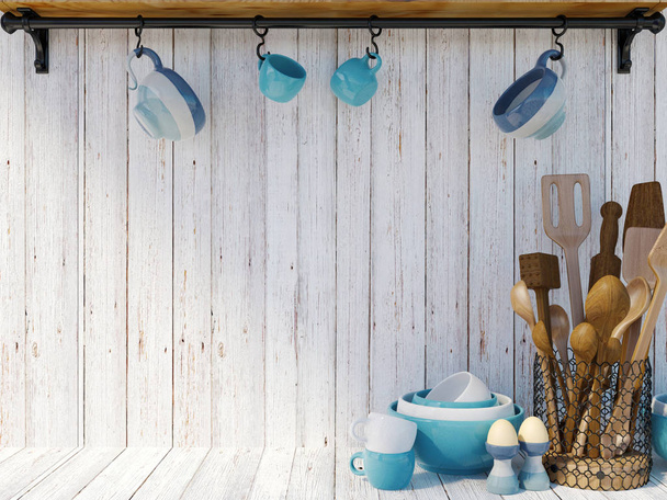 Σκεύη κουζίνας σε άσπρο φόντο ξύλου με αντίγραφο χώρο για να χλευάσουμε επάνω, 3d rendering - Φωτογραφία, εικόνα
