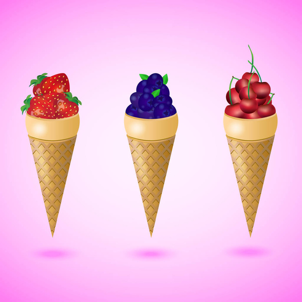 イチゴ、チェリー、ピンクの背景にブルーベリーのワッフル コーン。健康食品のコンセプトです。ベクトル図 - ベクター画像
