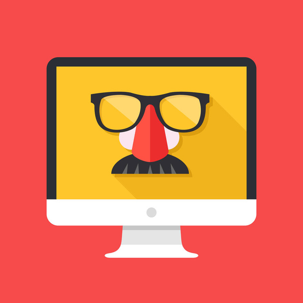 Disguise mask with glasses and mustache on computer screen. Incognito mode, VPN, private browsing, privacy, anonymous web browsing concept. Long shadow design. Creative flat design vector illustration - Vector, Imagen