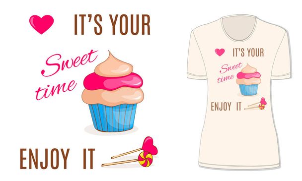 süße Zeit mit Cupcake, Süßigkeiten und Herz, mocup - Vektor, Bild