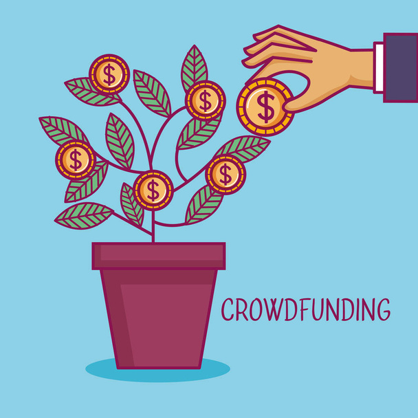 crowdfunding hand pot tree coins dollar business - Vector, Image