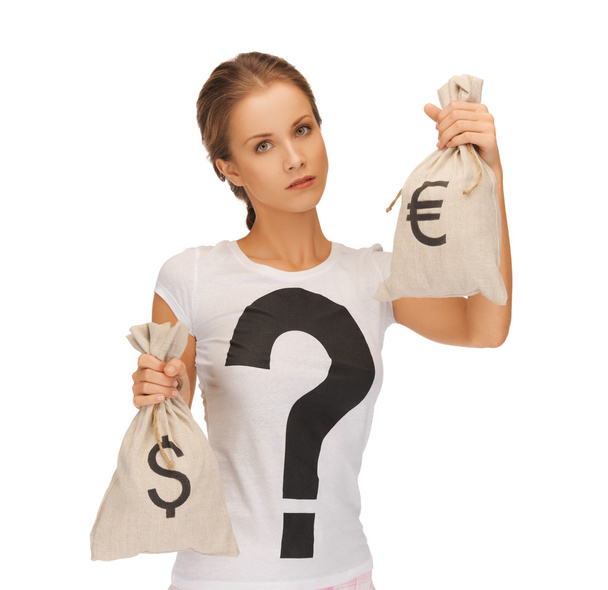 Woman with dollar and euro signed bags - Photo, image