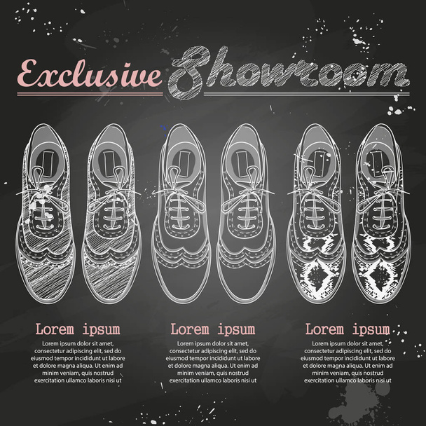 Set di showroom vettoriali, schizzo disegnato a mano, oxford da donna su una lavagna di gesso
 - Vettoriali, immagini